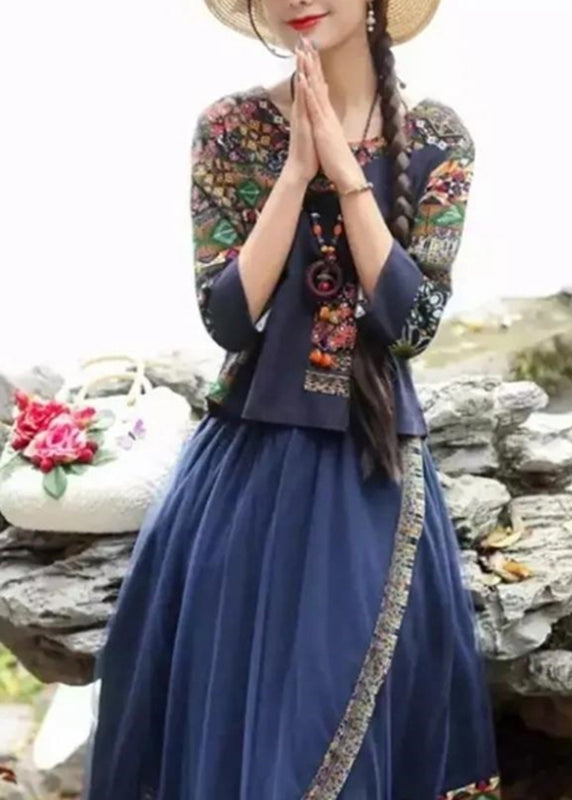 Blue O-neck Print Top Ang Skirts Two Piece Set Fall