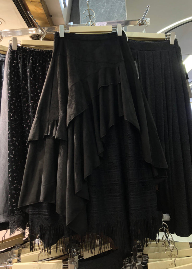 Brown Asymmetrical Patchwork Faux Suede Skirt Winter