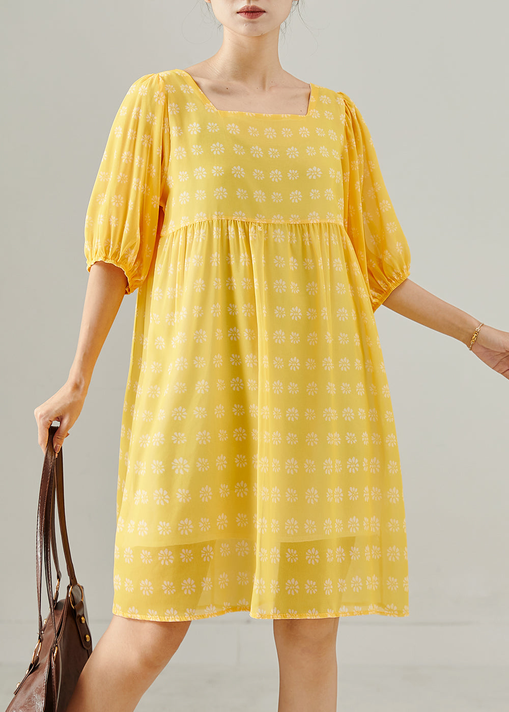 Yellow Square Collar Print Cotton Tea Dress Summer