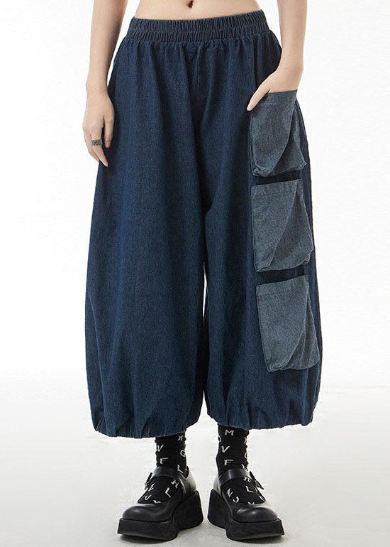 Blue Pockets Patchwork Harem Pants Spring