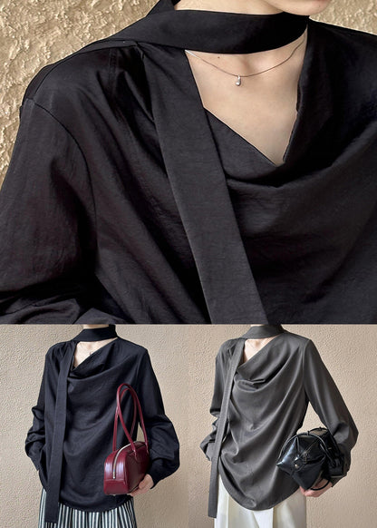 Black Loose Cotton Shirt Bow Long Sleeve