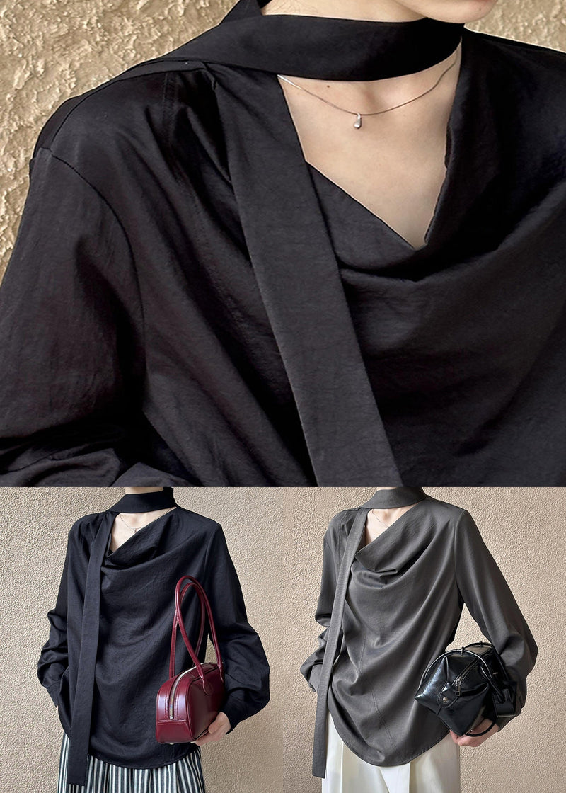 Black Loose Cotton Shirt Bow Long Sleeve