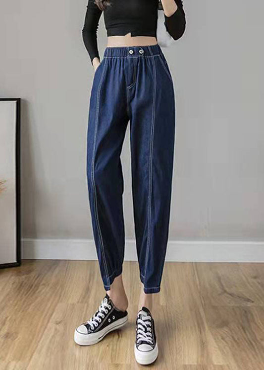 Italian Spring Pants Stylish Denim Blue Photography Elastic Waist Patchwork Pants