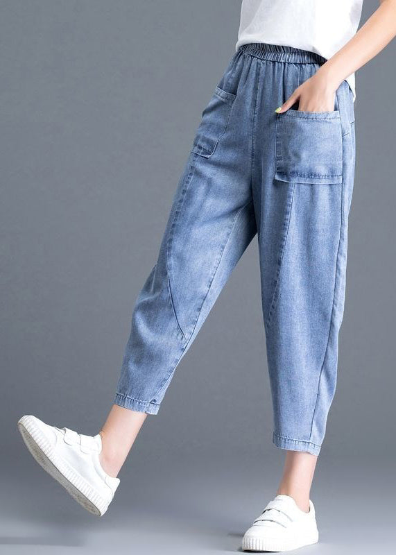 Light Blue Elastic Waist Pockets Patchwork Cotton Denim Harem Pants Summer