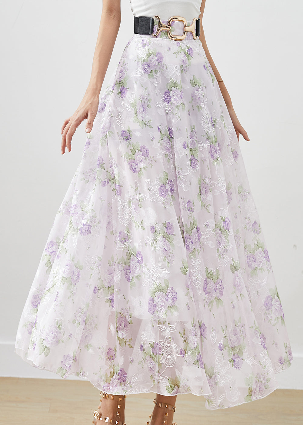 Purple Print Chiffon a Line Skirts Fall