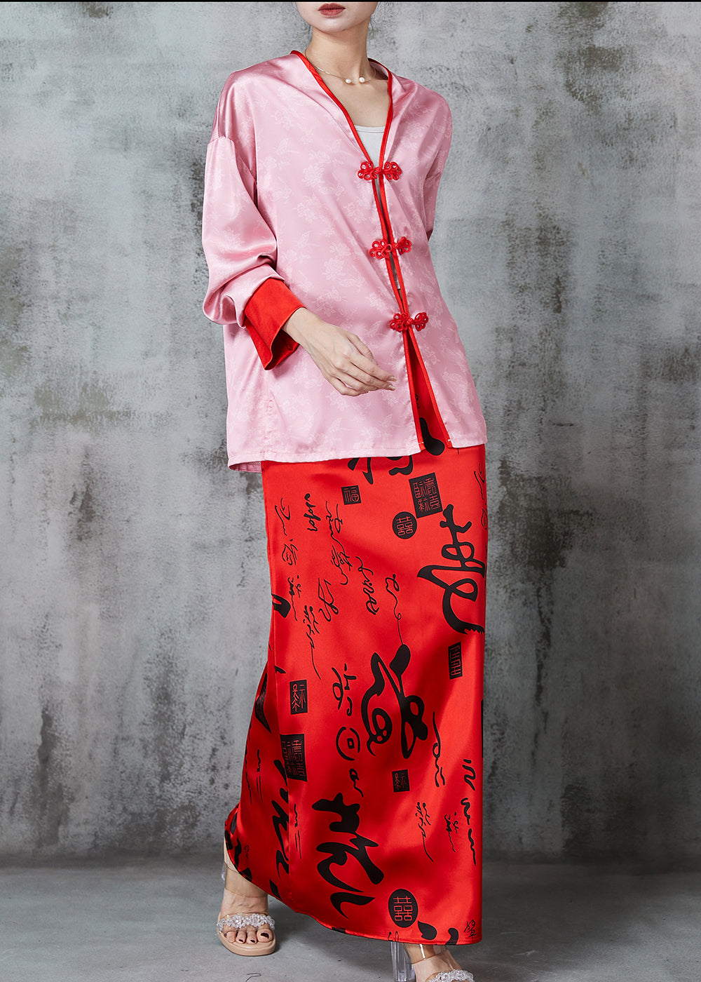 Pink Print Silk Oriental Two Pieces Set Spring