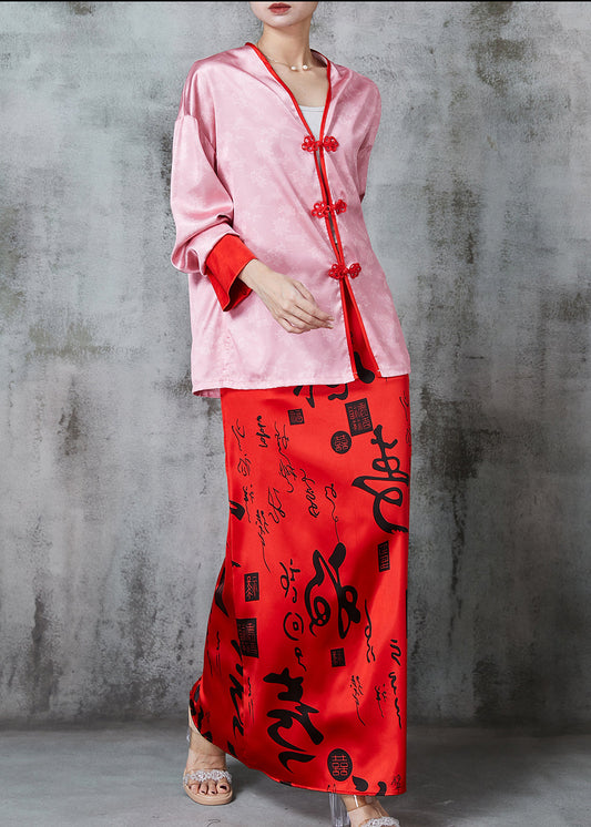 Pink Print Silk Oriental Two Pieces Set Spring