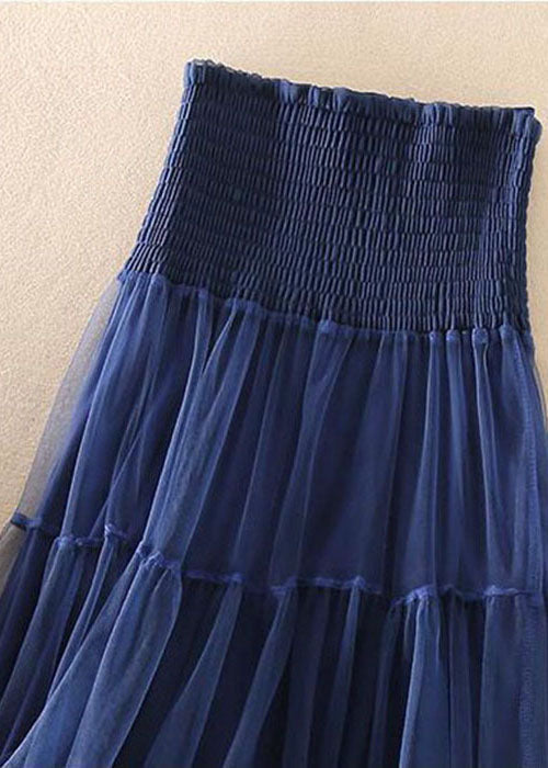 Navy High Waist Patchwork Tulle Pleated Skirt Spring