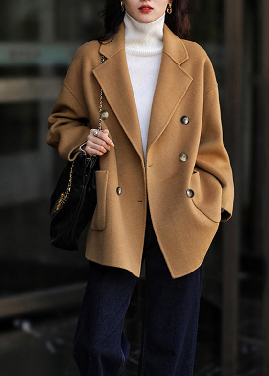 Camel Peter Pan Collar Pockets Patchwork Woolen Coats Fall