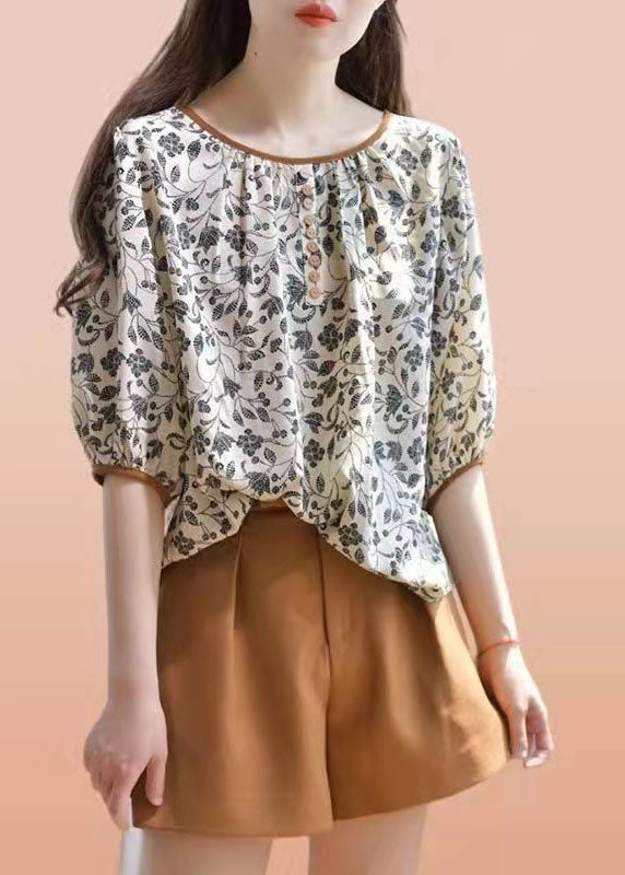 Khaki Chiffon O-neck Print Fall Half Sleeve Top