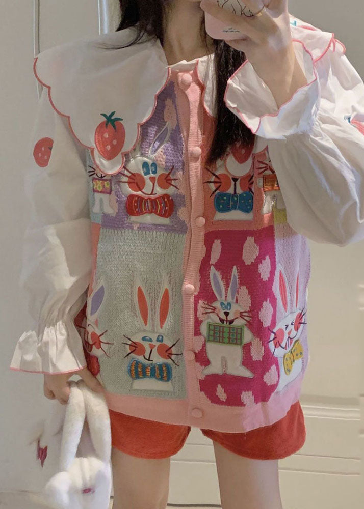 Animal Print Button Pink Cotton Knit Waistcoat and White Shirts Two Pieces Set Long Sleeve