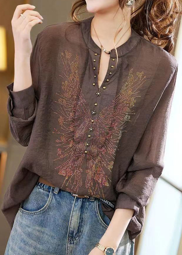 Coffee Patchwork Loose Chiffon Shirts Top V Neck Fall