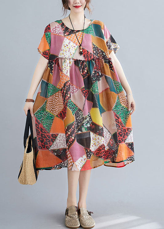 Rhombic Lattice Print Linen Maxi Dress Wrinkled Short Sleeve