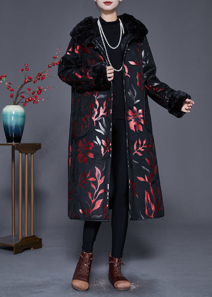Black Fur Collar Print Warm Fleece Coats Winter