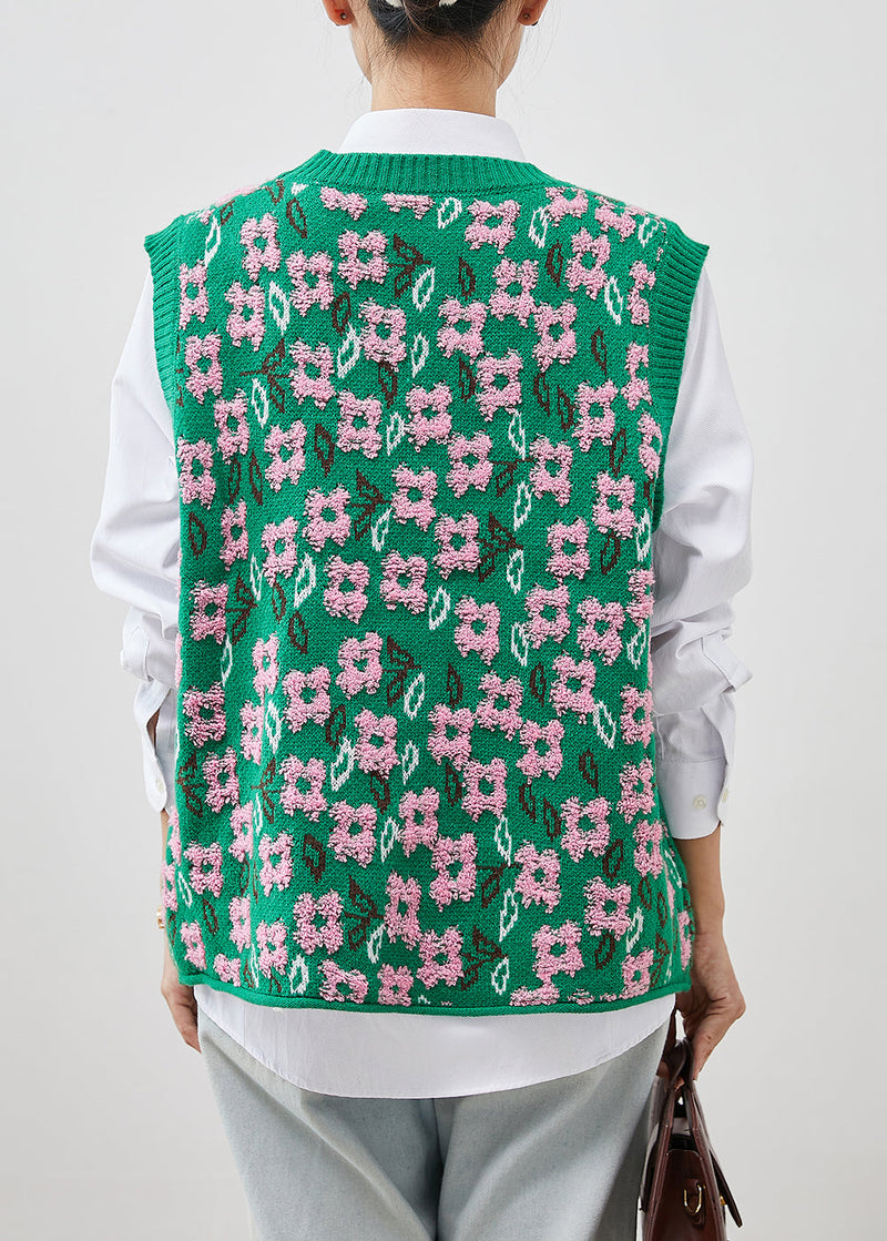 Green Jacquard Chunky Knit Vests Winter