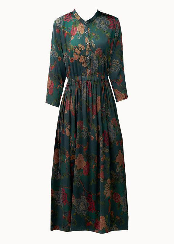 Green Cinched Print Silk Dresses Bracelet Sleeve