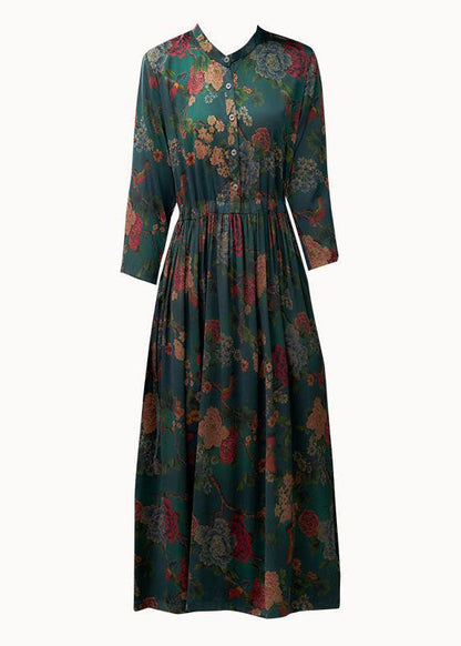 Green Cinched Print Silk Dresses Bracelet Sleeve