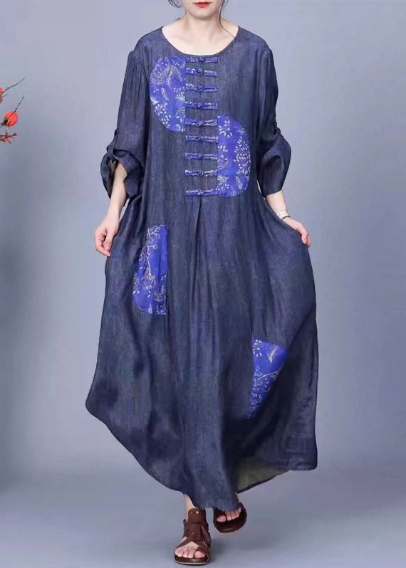 Blue O Neck Button Patchwork Cotton Long Dress Spring