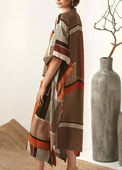 Orange Chocolate Print Half Sleeve Kimono Robe Summer Chiffon Dress