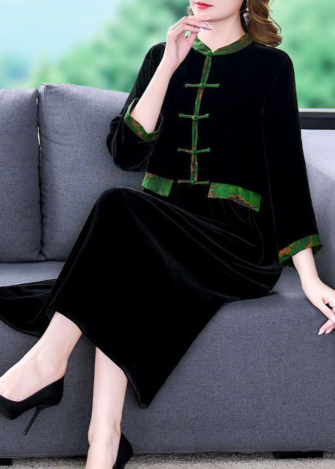 Black Stand Collar Patchwork Oriental Button Silk Velour Dress Bracelet Sleeve