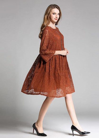 Chocolate Hollow Out Embroideried Patchwork Spring Three Quarter Sleeve Spring Dresses