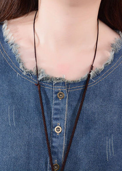Art Blue O-neck Pockets Button Denim Fall Long Sleeve Dress