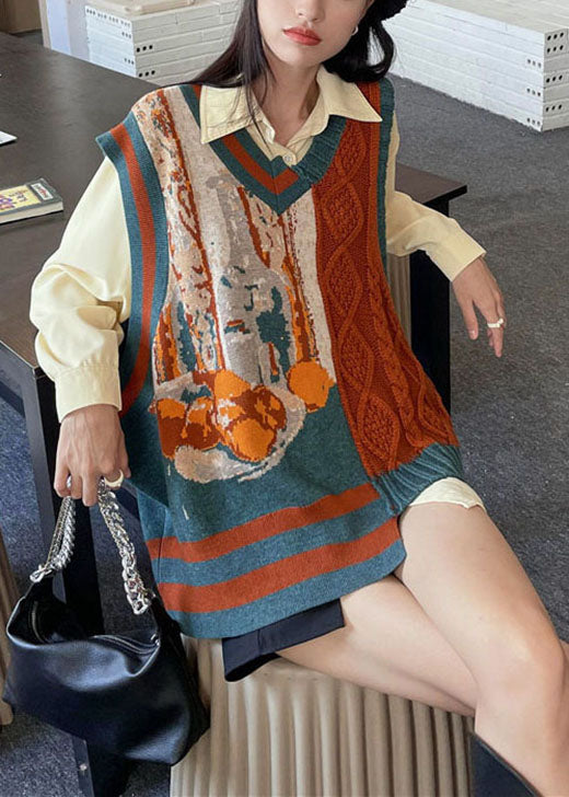 Unique Orange Patchwork Asymmetrical Design Print Fall Knit Vest