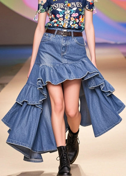 Blue Ruffles Low High Design Denim Holiday Skirts Spring