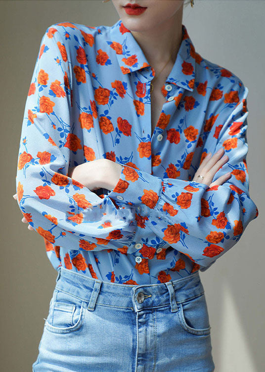 Blue Peter Pan Collar Button Print Chiffon Blouses Puff Sleeve