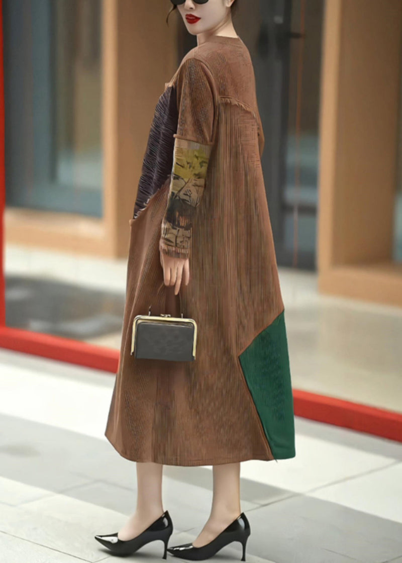 Coffee O Neck Patchwork Knit Long Dress Winter