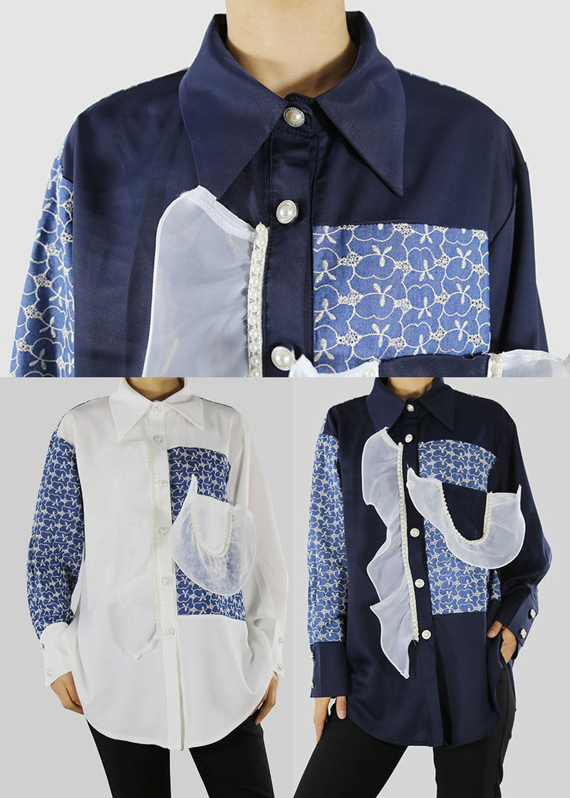 Black Blouses Ruffled Patchwork Button Pockets Spring