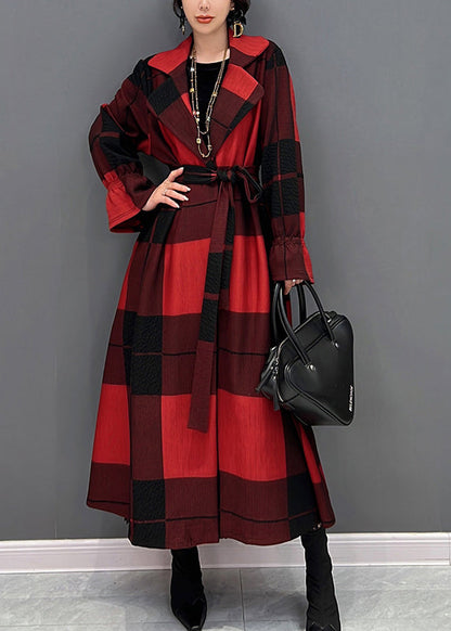 Red Notched Plaid Tie Waist Long Coats Fall