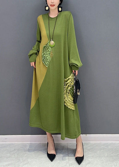 Green Oversized Patchwork Knit Party Dress Summer
