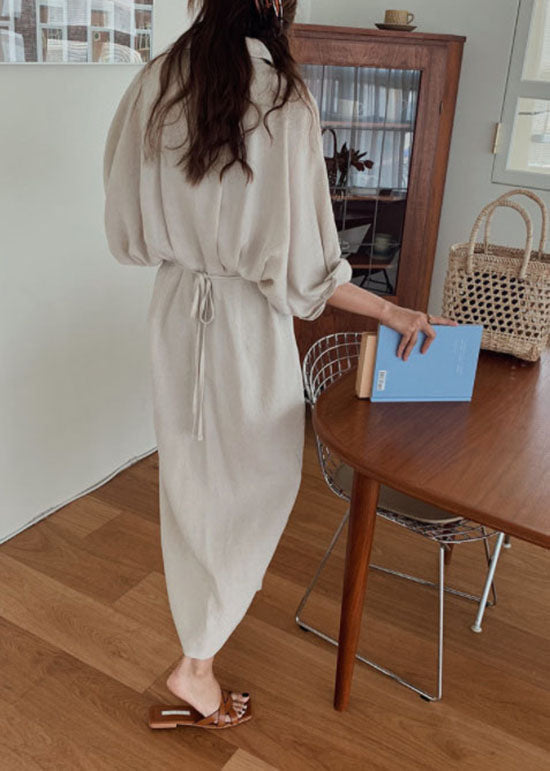 Handmade Light Chocolate Bat Wing Sleeve Patchwork Cotton Shirt Dress Long Sleeve