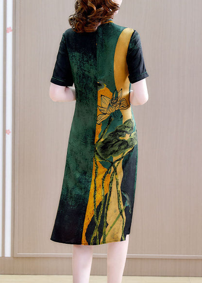 Blackish Green Stand Collar Print Silk Cheongsam Dress Short Sleeve