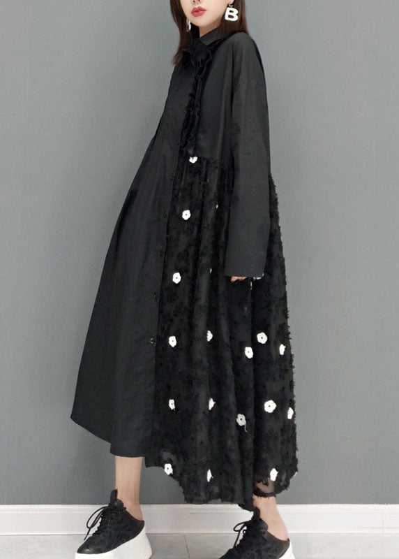 Black Lace Patchwork Shirt Dresses Spring