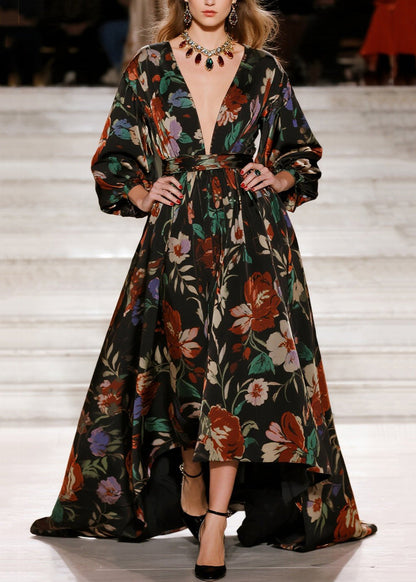 Stylish V Neck Print Loose Cotton Long Dress Fall