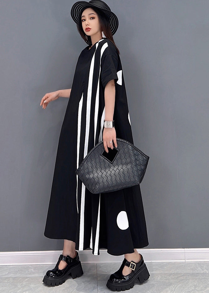 Black O-neck Asymmetrical Cotton Maxi Dresses Short Sleeve