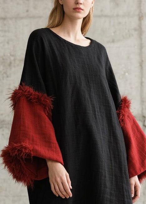 Art Black O-neck Patchwork Faux Fur Dresses Flare Sleeve