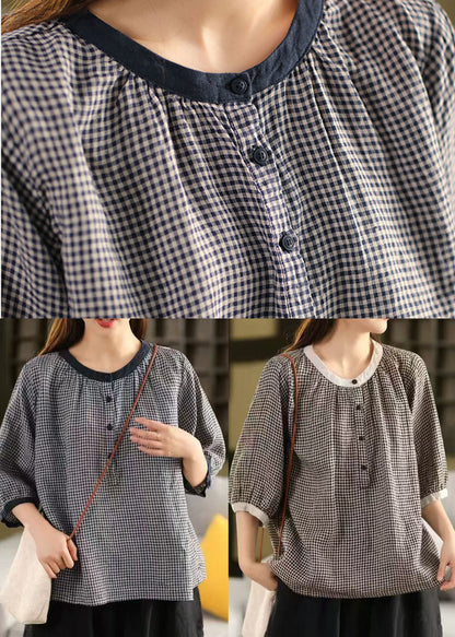 Brown Plaid Linen Top Oversized Half Sleeve Fall