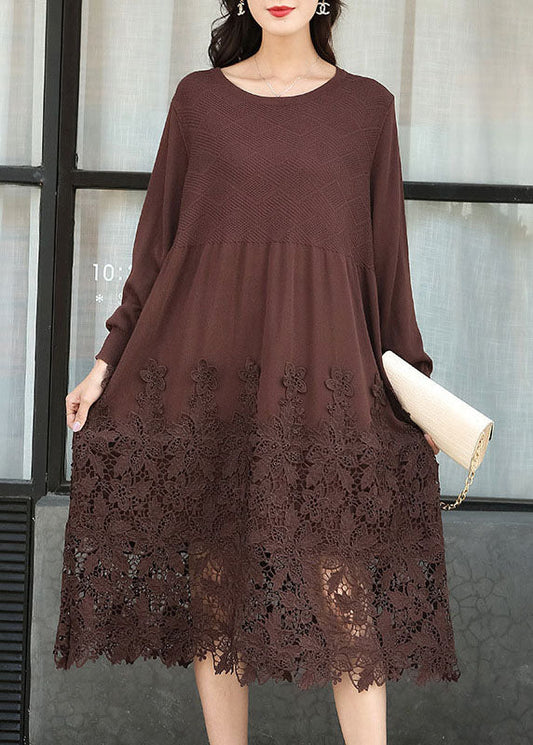 Chocolate Embroideried Patchwork Knit Long Dresses Spring