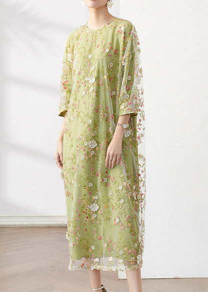Original Green O-neck Embroideried Patchwork Tulle Dress Fall