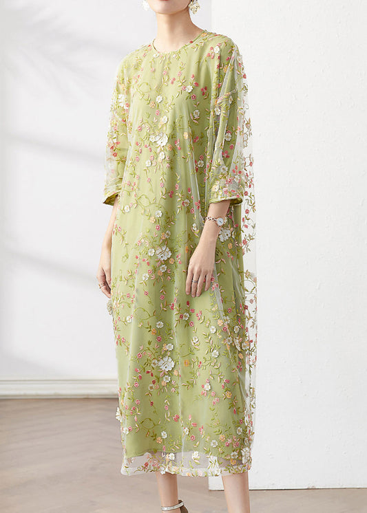 Original Green O-neck Embroideried Patchwork Tulle Dress Fall
