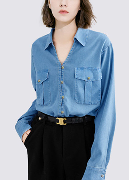 Denim Blue Peter Pan Collar Button Shirt Fall