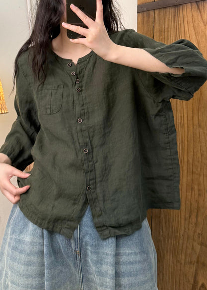 Linen Color O Neck Button Cotton Blouses Fall