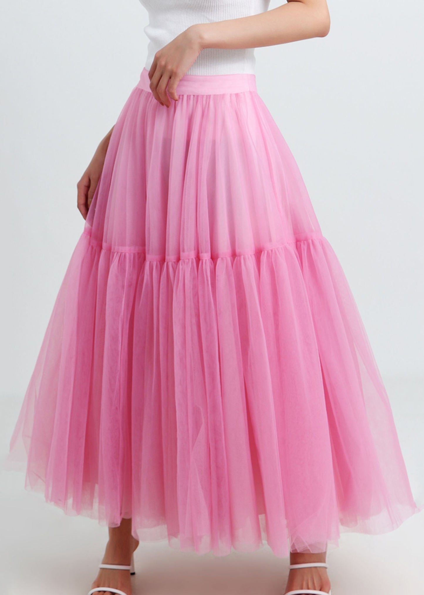 Pink High Waist Patchwork Tulle Pleated Skirt Summer