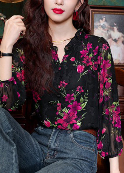 Black Ruffled Print Button Chiffon Shirt Long Sleeve