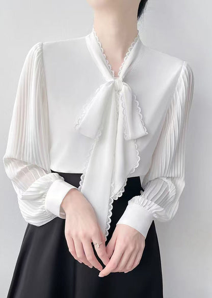 Natural White Bow Wrinkled Chiffon Tops Spring