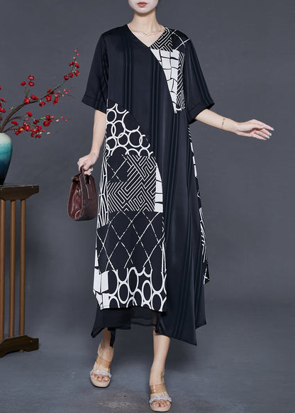 Black Asymmetrical Patchwork Silk Maxi Dresses Summer