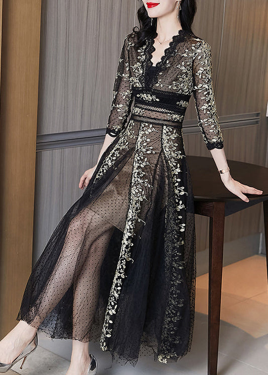 Black Embroidered Lace Patchwork Tulle Dresses Summer